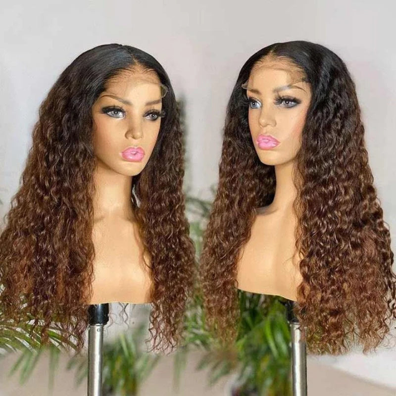 Ombre Color Curly Wig Lace Closure Wig Black With Medium Brown Human Hair Wig