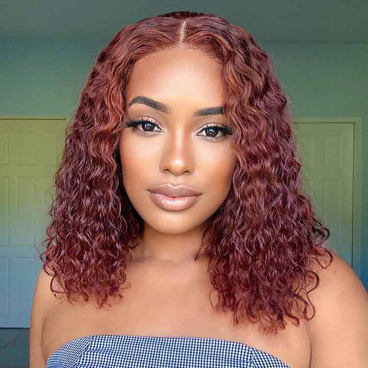 #33 Reddish Brown Short Bob Curly Hair Transparent Lace 180% Density