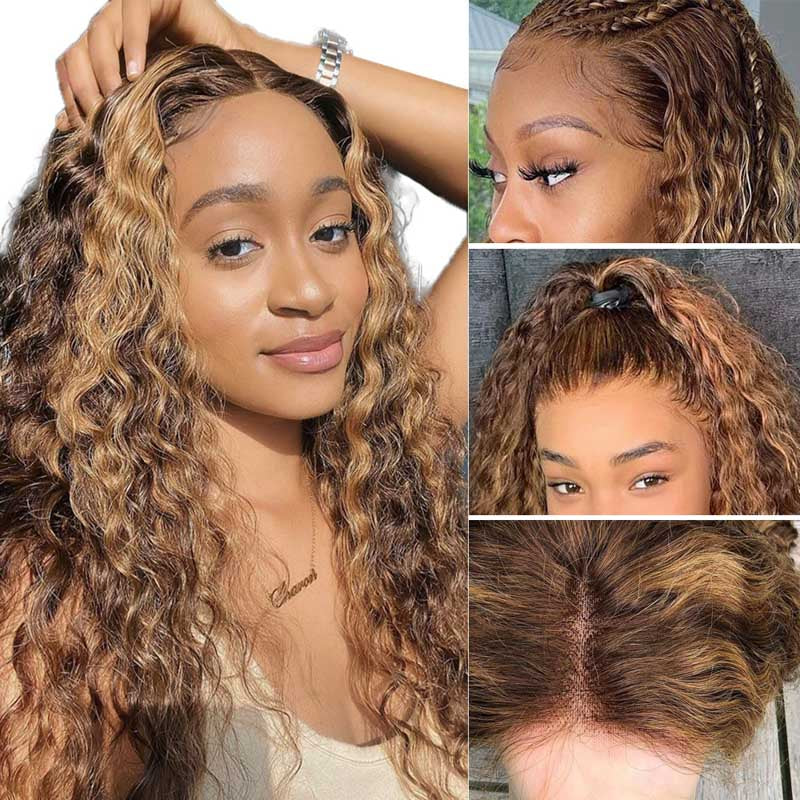 Pre-Cut Lace Wear Go Glueless Wig Honey Blonde With Brown Piano Color Curly Breathable