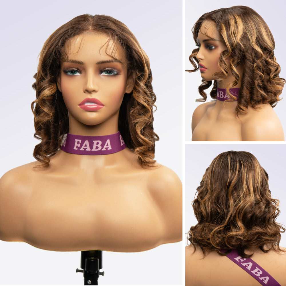 FABA Original Style| 4/27# Piano Highlights Color Glueless Transparent Lace Wig Short Bob Human Hair Wig