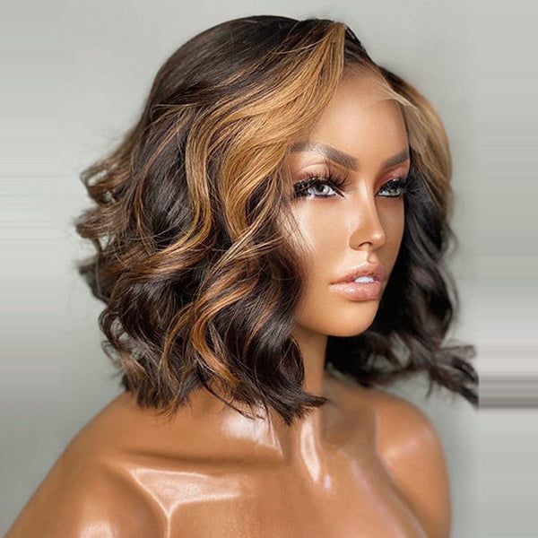 Wear&Go 1B/27# Piano Highlights Color Body Wave Transparent Lace Wig Short Bob Human Hair Wig