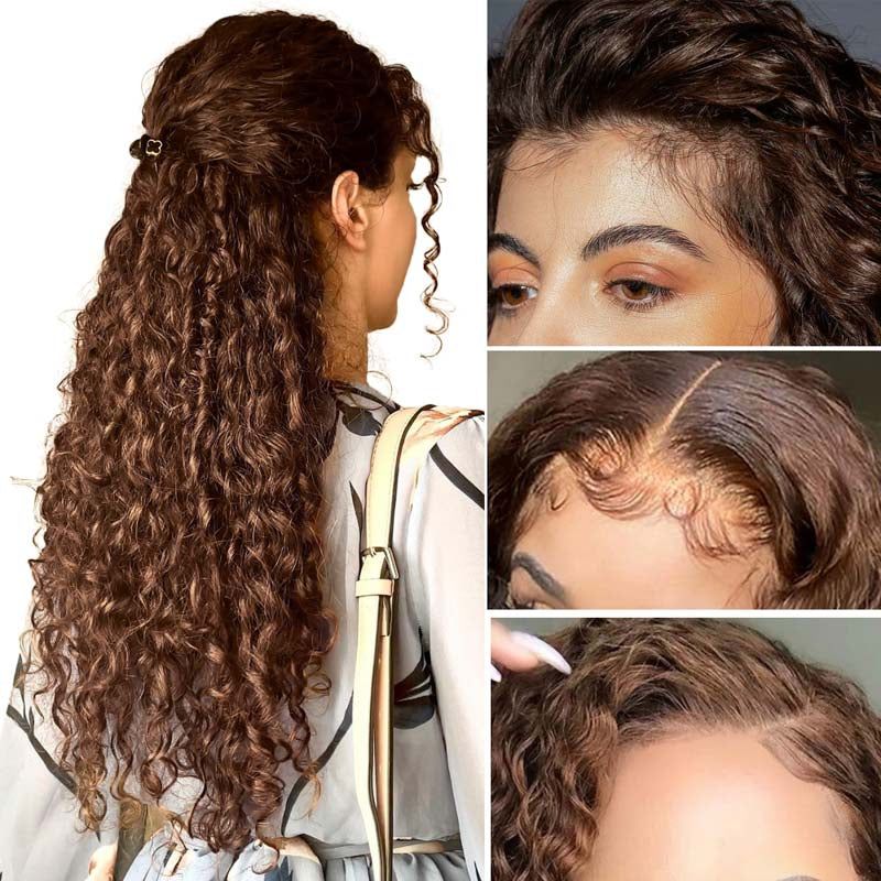 Chestnut Brown Curly Wig Pre Plucked Closure Transparent Lace Front Wigs 150% Density