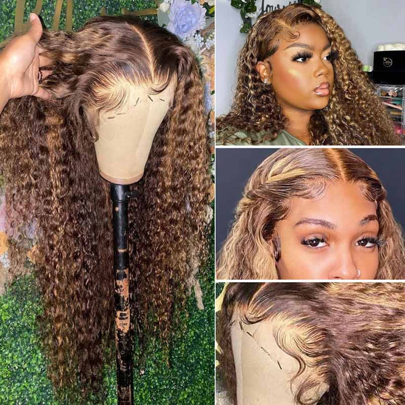 Highlight Color Water Wave Wig 180% Density 4x4 Lace Frontal HD Lace Wig