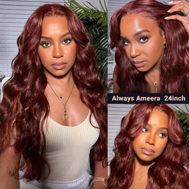 #33 Reddish Brown Wig Body Wave Wig Transparent Lace Front Wigs 180% Density Human Hair Wigs