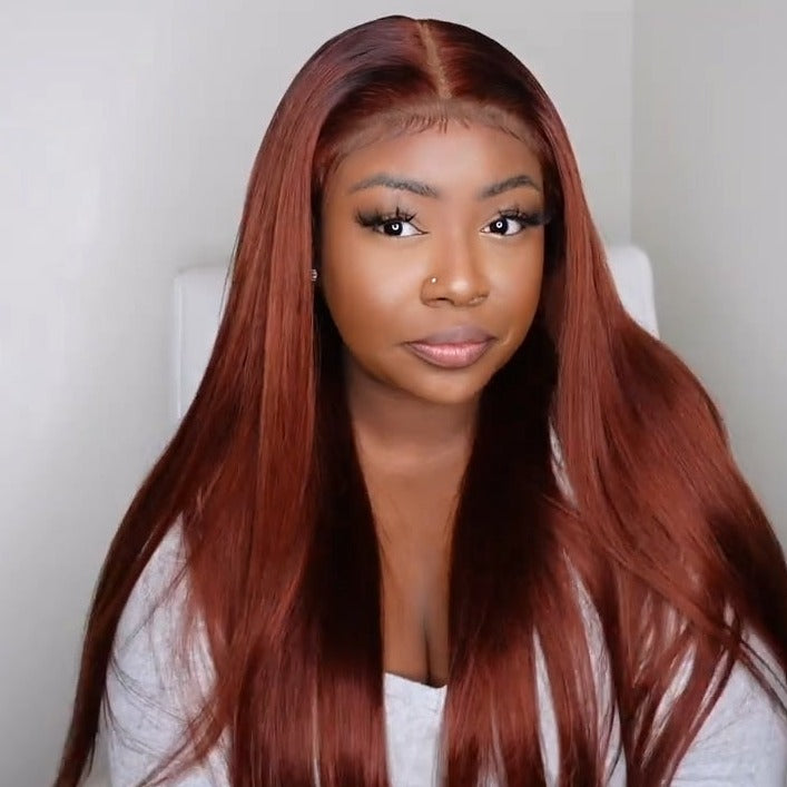 Wear & Go Reddish Brown Straight Wig Transparent Lace Front Wigs 100% Human Hair