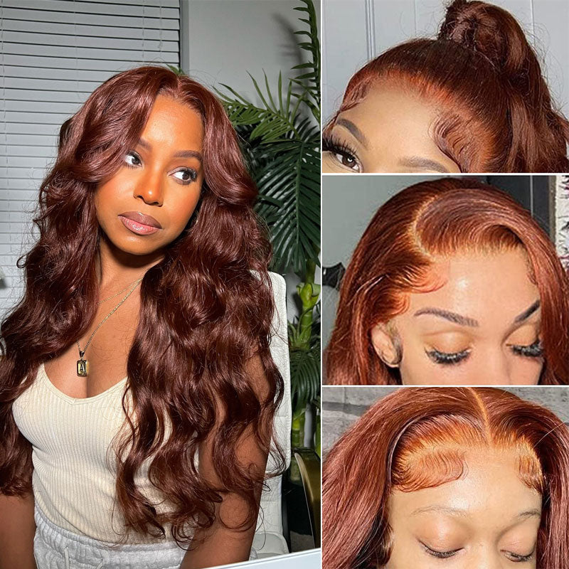 Reddish Brown Wig Body Wave Wig 180% Density 360 Closure Lace Wig