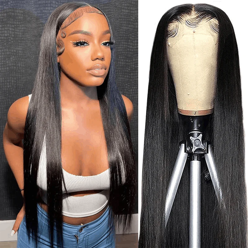 Natural Black Straight Wig 150% DensityHuman Hair 360 Transparent Pre Plucked Lace Front Wigs
