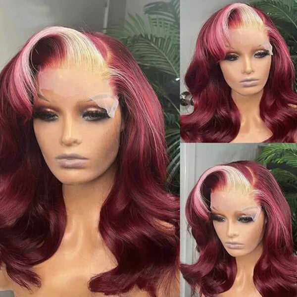 Blond With Burgundy Highlights Color 13x4 Transparent Lace Pre-plucked Human Hair Wigs