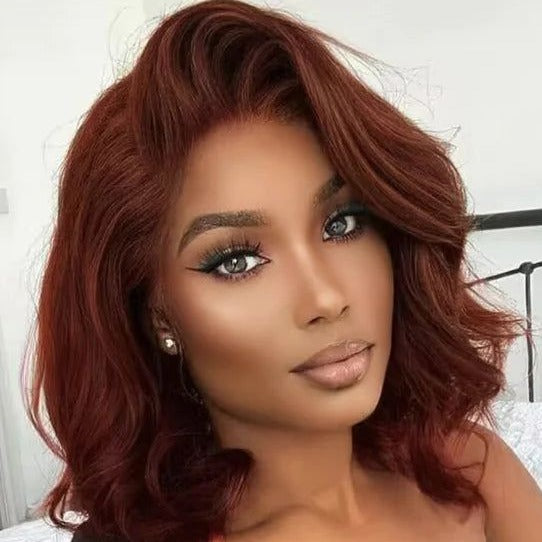 #33 Reddish Brown Body Wave Hair Transparent Lace 180% Density Short Bob Human Hair Wig