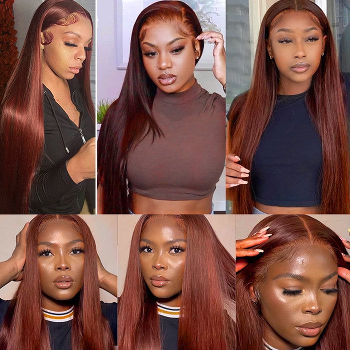 Wear & Go Reddish Brown Straight Wig Transparent Lace Front Wigs 100% Human Hair