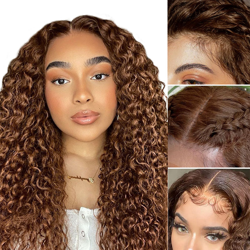 Chestnut Brown Curly Wig Transparent Lace Front Wigs 180% Density Human Hair Wigs