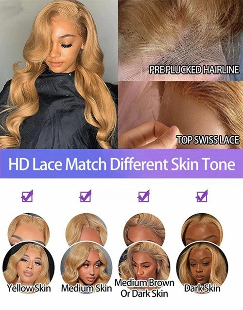 Clear Lace Body Wave 4x4/13x4/13x6 Transparent Lace Front Wigs 180% Density Human Hair For Honey Blonde Color