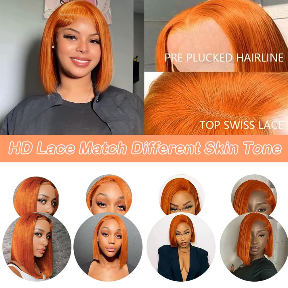 Wear & Go Pre Cut Ginger Orange Bob Wigs Straight Glueless Human Hair Wigs