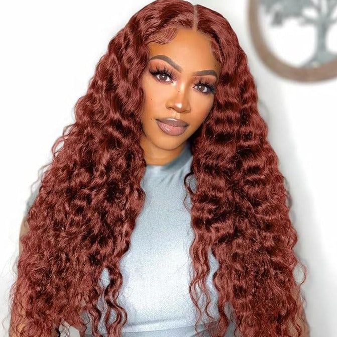 Pre-Cut Lace Wear Go Glueless Wig Reddish Brown Pure Color Deep Wave Breathable