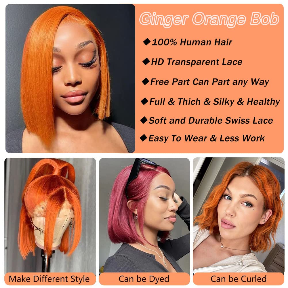 Wear & Go Pre Cut Ginger Orange Bob Wigs Straight Glueless Human Hair Wigs