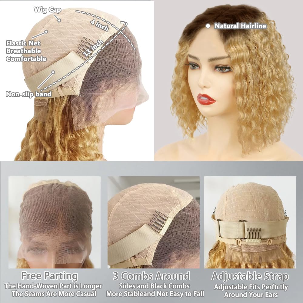 Light Brown Ombre Honey Blonde Color Curly Wig HD Lace Front Human Hair Wig