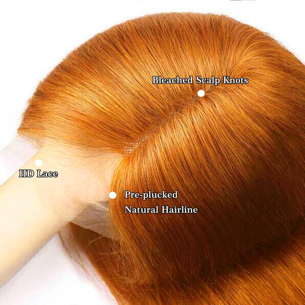 Ginger Orange Color 13x4 Transparent Lace Frontal Wigs Straight Human Hair With Baby Hair