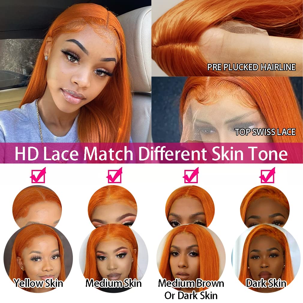 Ginger Orange Color 13x4 Transparent Lace Frontal Wigs Straight Human Hair With Baby Hair