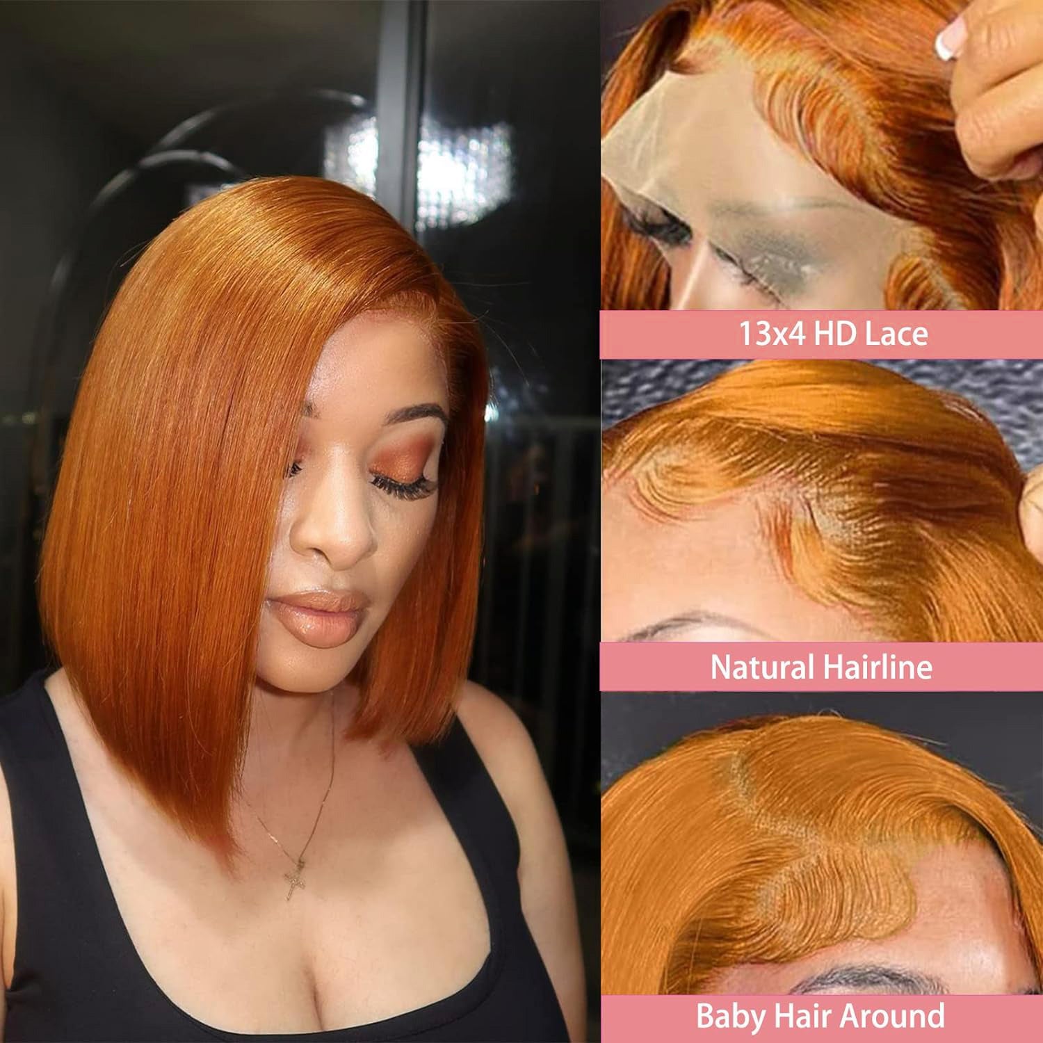 Glueless Wig Ginger Orange Wig Short BoB Wig 13x4 Lace Front Wig Pre-plucked