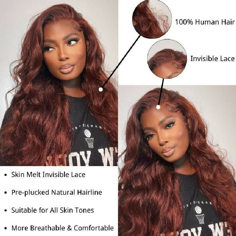 #33 Reddish Brown Wig Body Wave Wig Transparent Lace Front Wigs 180% Density Human Hair Wigs