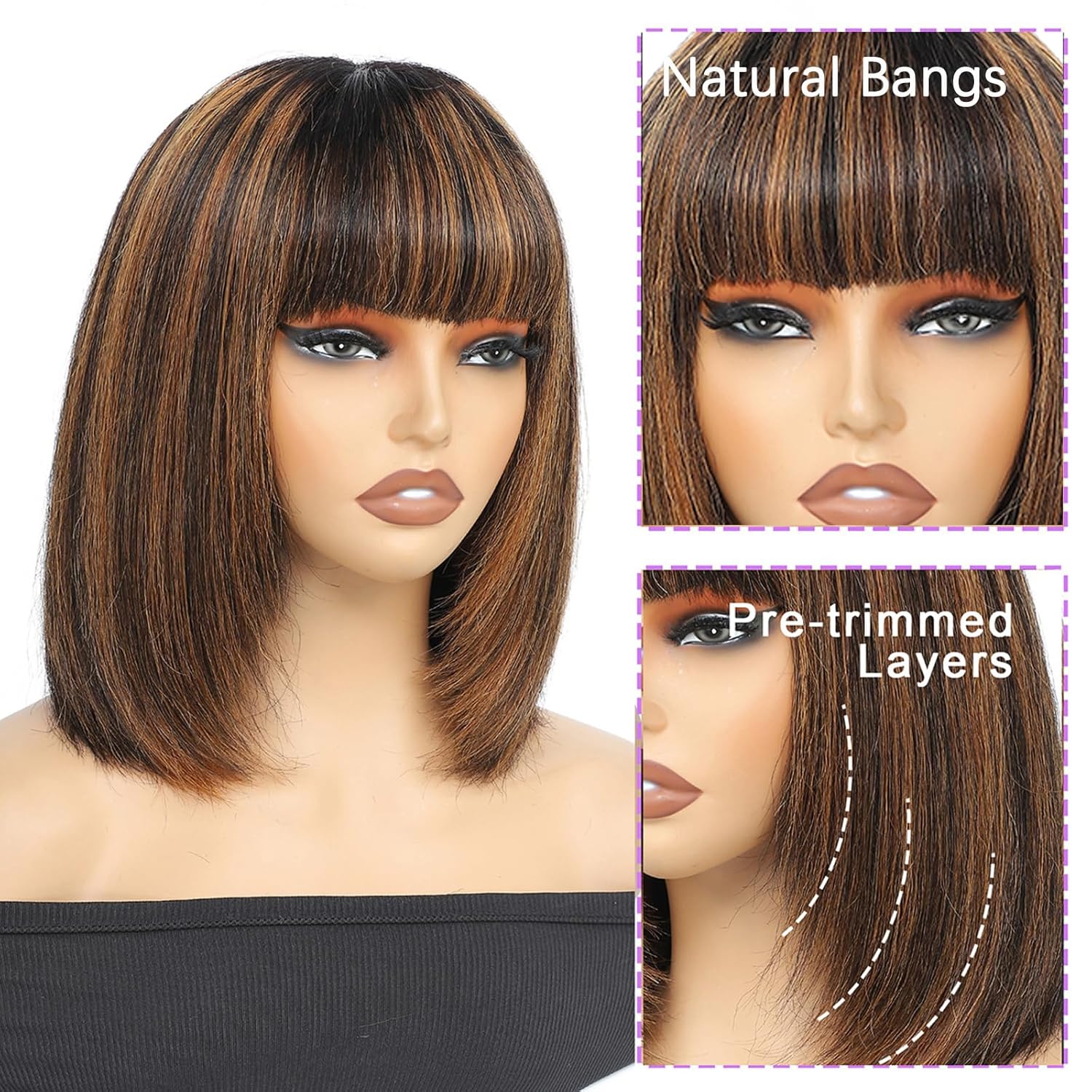 FABA Put On and Go Layered Cut Highlight Color Glueless Wig With Bangs