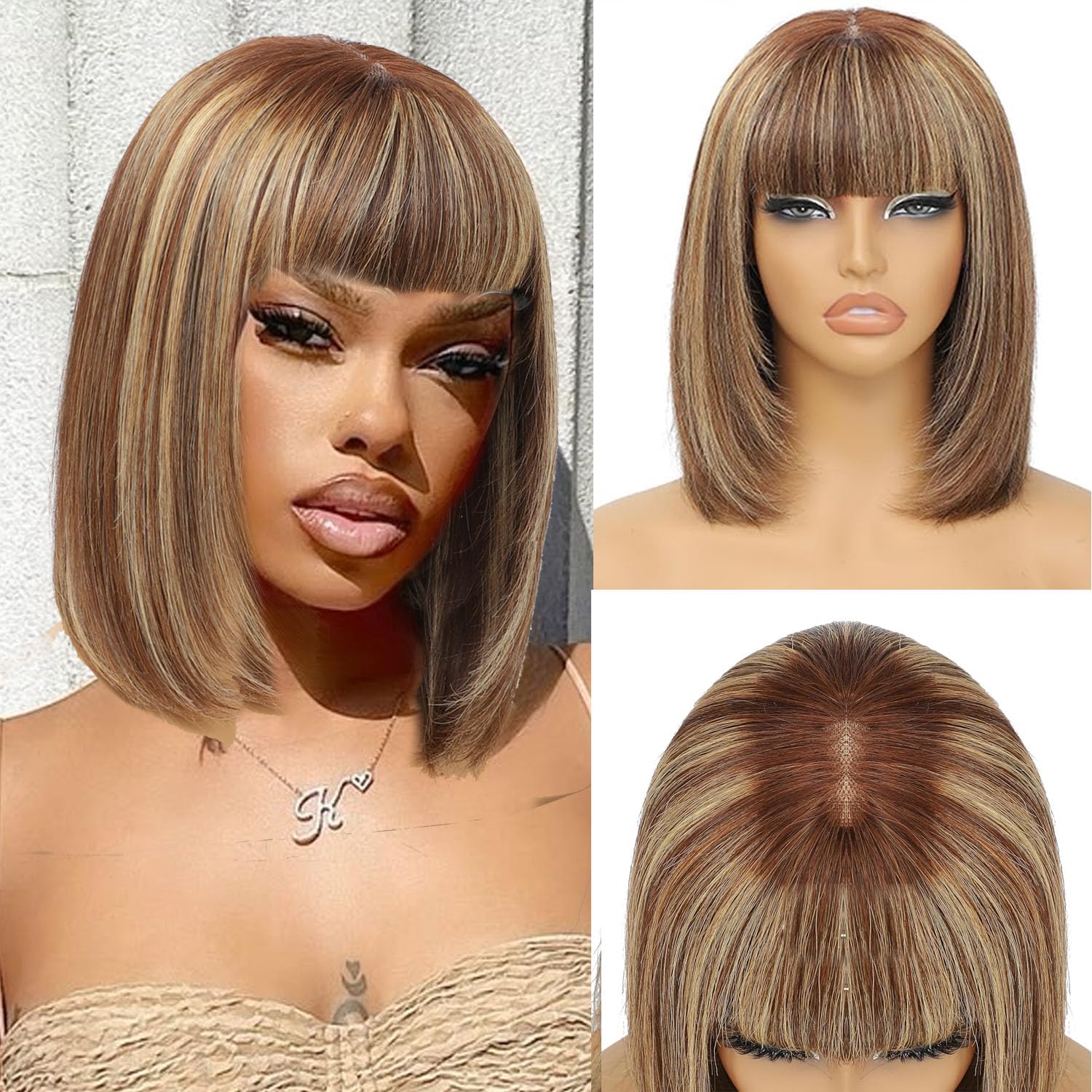 FABA Put On and Go Layered Cut Highlight Color Glueless Wig With Bangs