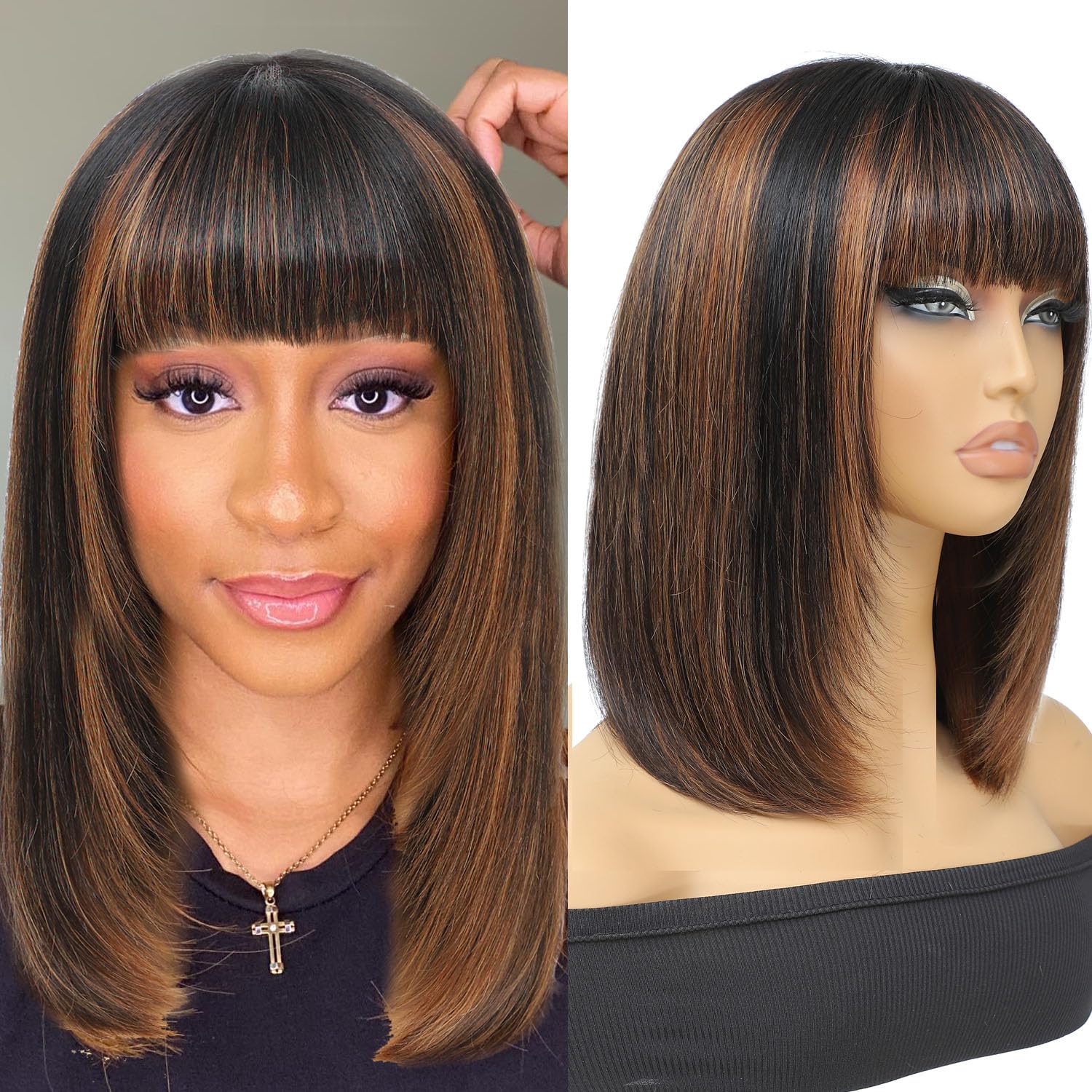 FABA Put On and Go Layered Cut Highlight Color Glueless Wig With Bangs