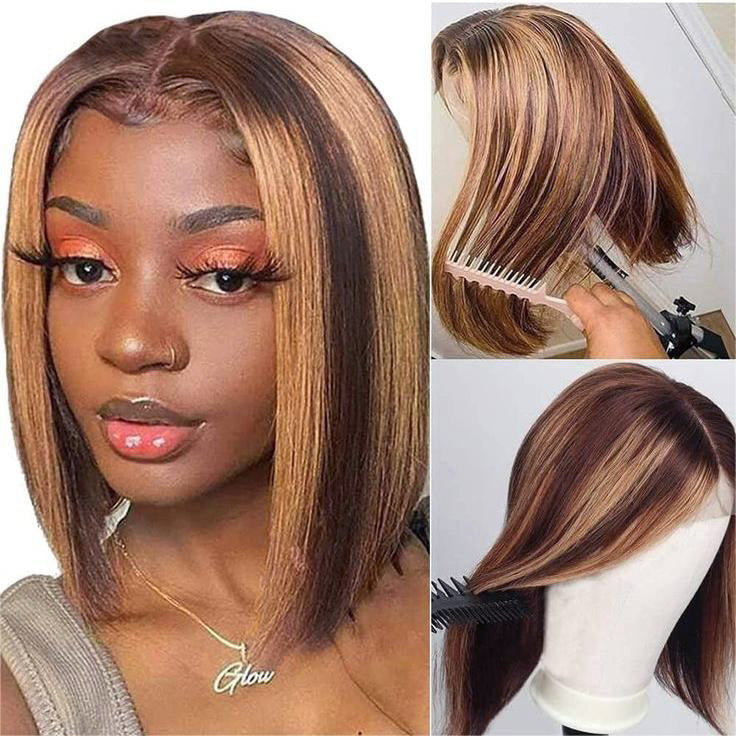 Highlight Piano Color Short Bob Wig Straight 180% Density Lace Front Transparent Lace Wig Human Hair Wig