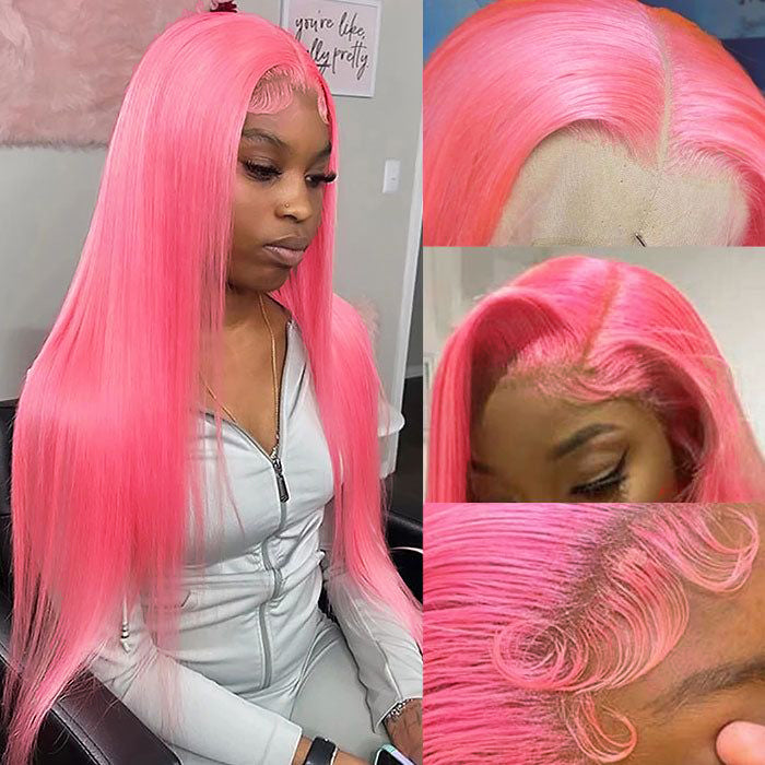 Pink Wig Straight Wigs Long Wig Pre Plucked Lace Front Wigs Human Hair Wig 150% Density