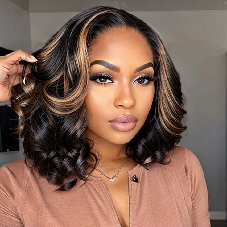 Wear&Go 1B/27# Piano Highlights Color Body Wave Transparent Lace Wig Short Bob Human Hair Wig