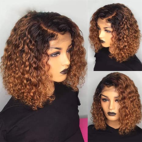 Short Bob Wig Curly Pre Cut Transparent Lace Wig Balayage Omber Color Wigs