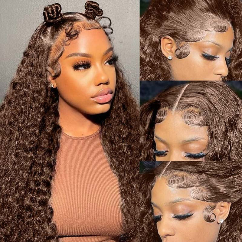 Chestnut Brown Curly Wig Pre Plucked Closure Transparent Lace Front Wigs 150% Density