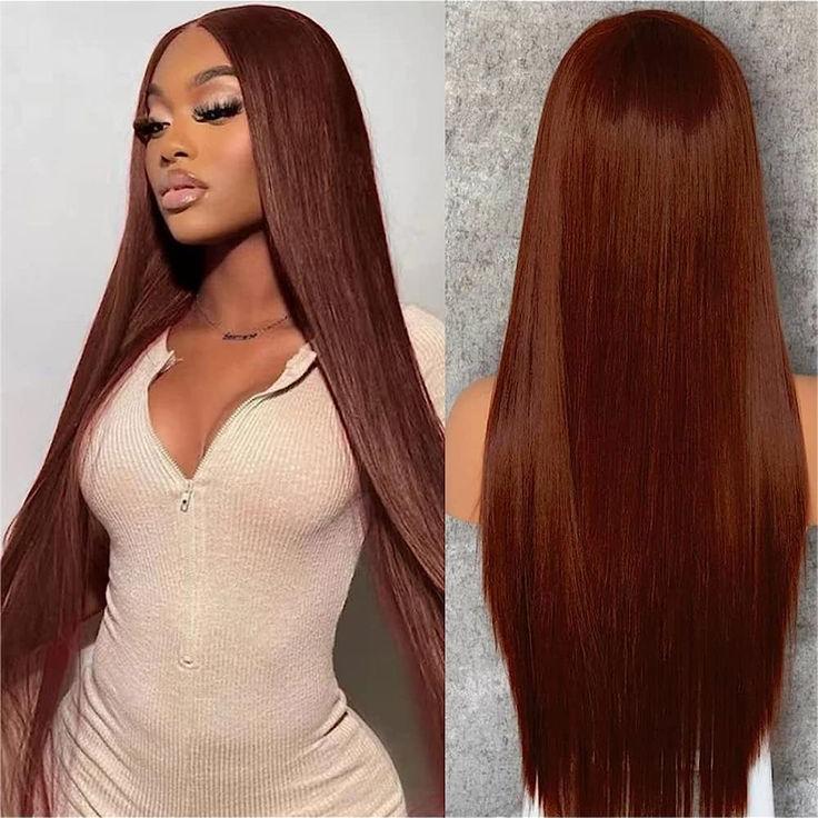 Wear & Go Reddish Brown Straight Wig Transparent Lace Front Wigs 100% Human Hair