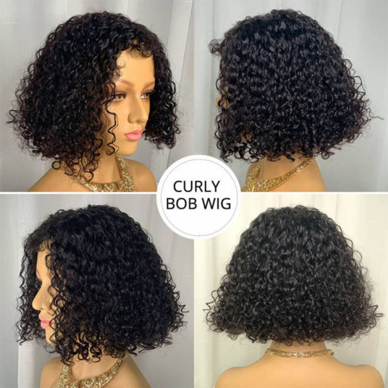 Glueless Wig Natural Black Color Short Curly Wig Bob 4x4/13x4 Transparent Lace Front Wigs