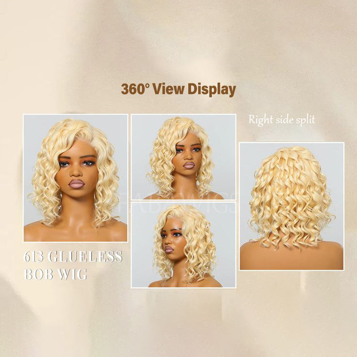 Glueless Wigs #613 Blonde Short Wavy Wigs C part HD Lace Front Bob Wigs
