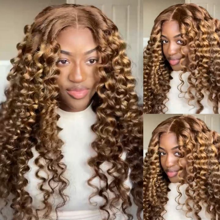 Put On and Go Brown Blonde Highlight Glueless Wig 7x5 Pre Cut Lace Wig 180% Density Wig