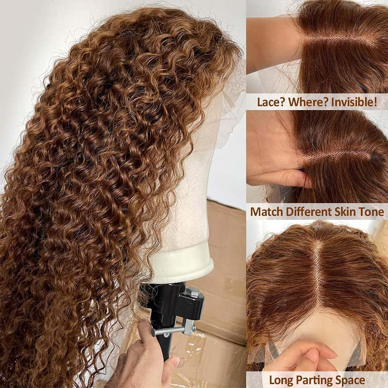 Pre-Cut Lace Wear Go Glueless Wig Honey Blonde With Brown Piano Color Curly Breathable