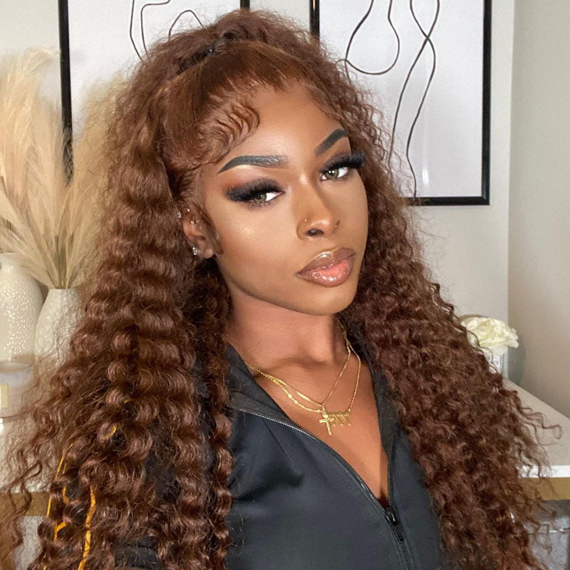 Chestnut Brown Curly Wig Pre Plucked Closure Transparent Lace Front Wigs 150% Density