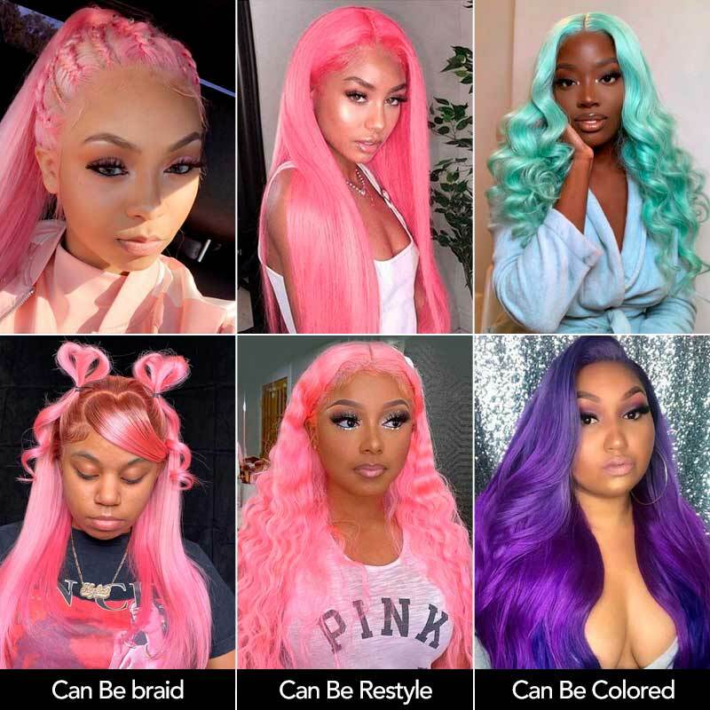 Pink Wig Straight Wigs Long Wig Pre Plucked Lace Front Wigs Human Hair Wig 150% Density