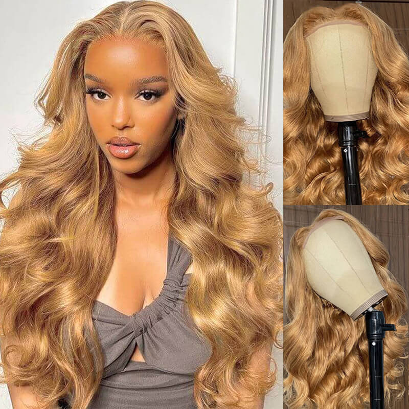 Honey Blonde #27 Colored Wig Body Wave Hairstyle 4x4 Lace Front 150% Density Human Hair Wigs