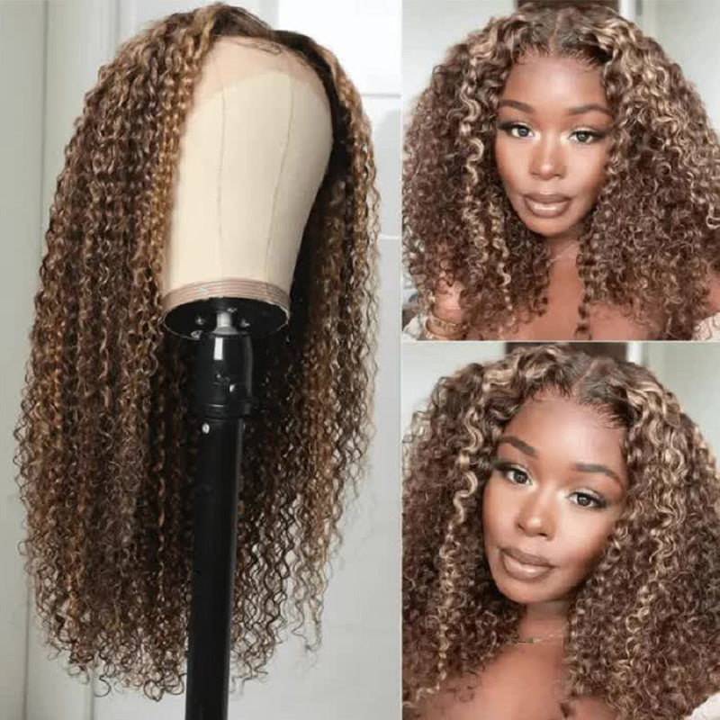 Honey Blonde Highlight Color Wig Curly Wave Lace Wig 4x4 Frontal HD Lace Wig 150% Density Human Hair Wig