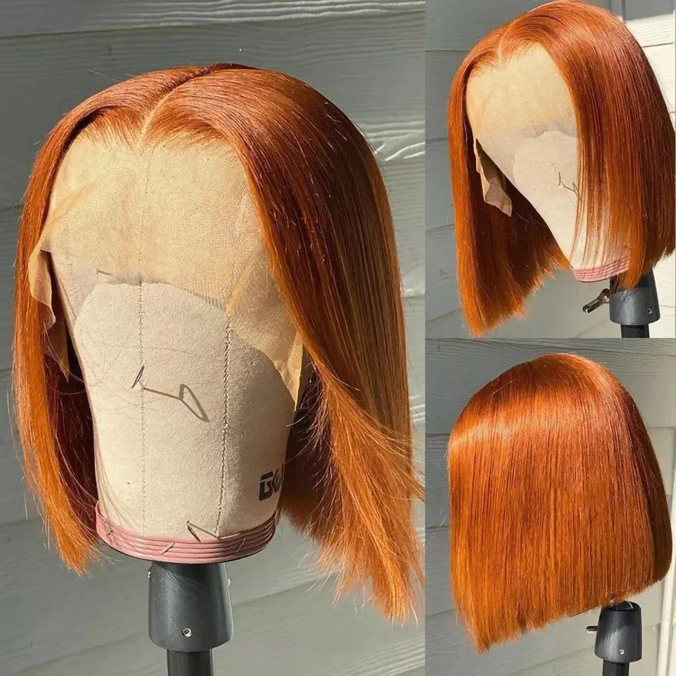 Short Bob Wig Straight Wig 180% Density Ginger Human Hair Wig