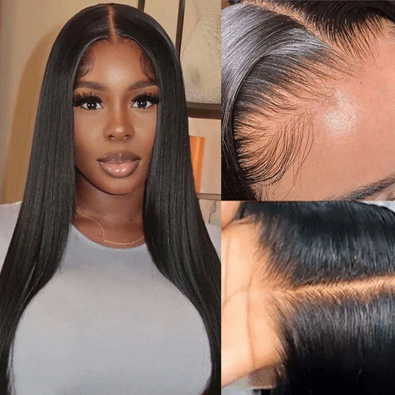 Natural Black Straight Wig 150% DensityHuman Hair 360 Transparent Pre Plucked Lace Front Wigs
